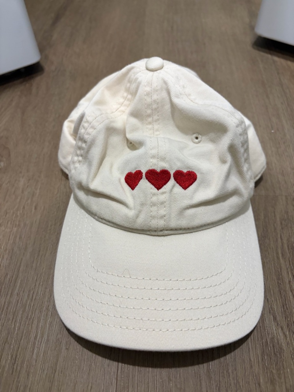 Cream Baseball Cap with Red Heart Embroidery